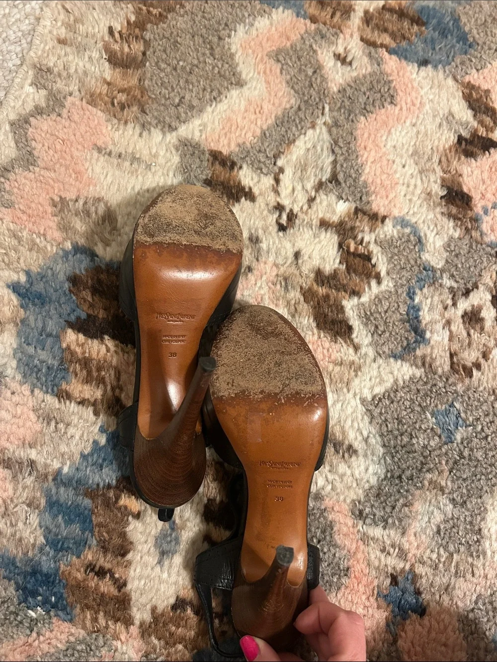Saint Laurent Black Leather T-Strap Slingback Heels - Picture 4 of 6